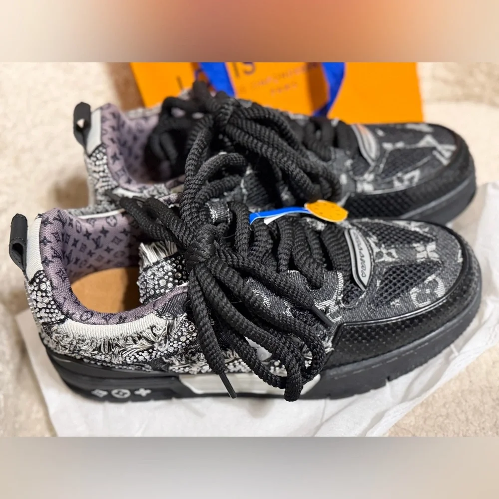 Fashion inspired Black and Grey Monogram Patchwork Sneakers - Picture 1 of 7